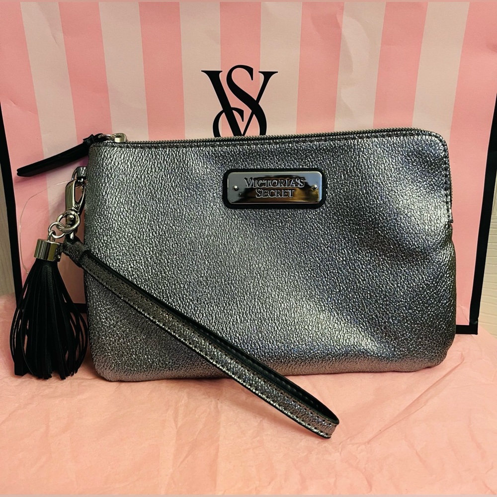 Victoria's Secret Metallic Silver Wristlet/Cosmetic Bag Zip Closure NWT